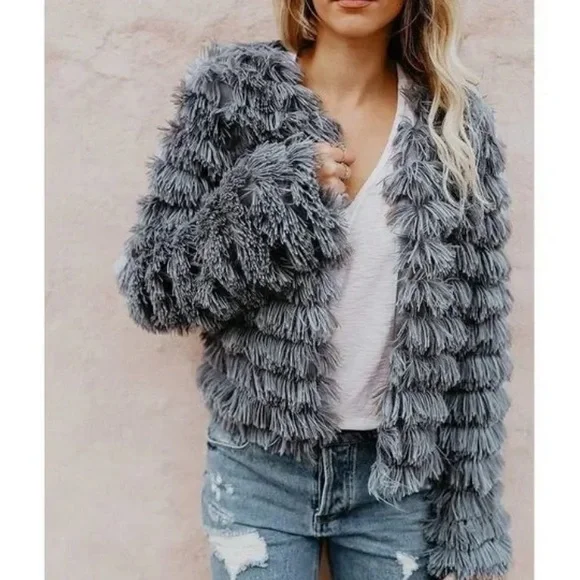 shearling jacket Womens Open Front Faux Fur Cardigan Parka Shaggy Jacket Coat